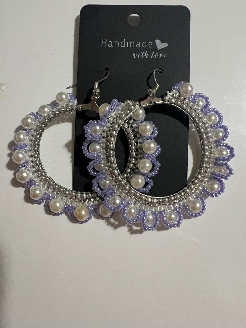 Handmade Lavender Beaded Hoop Earrings with Pearl Accents